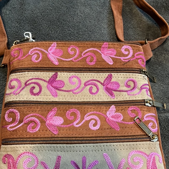 Boho Tan and Brown suede crossbody purse with magenta stitching that pops - Picture 8 of 8
